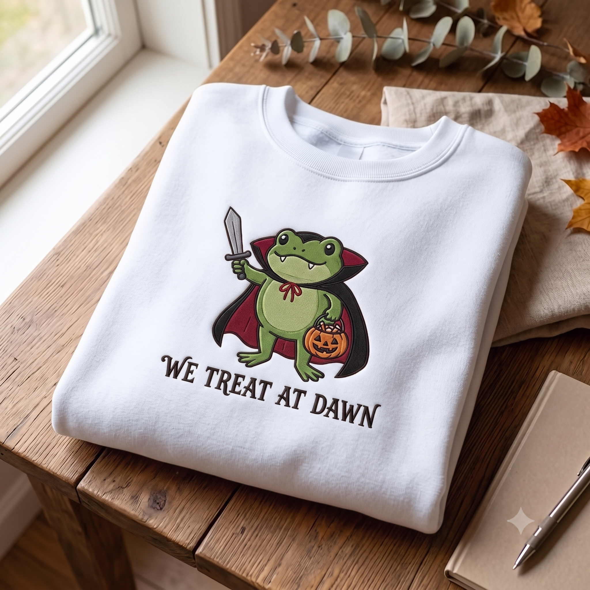 Embroidered Trick or Treat Frog T-shirt, We Treat At Dawn Crewneck, Cute Vampire Halloween, Funny Spooky Season Gift Idea