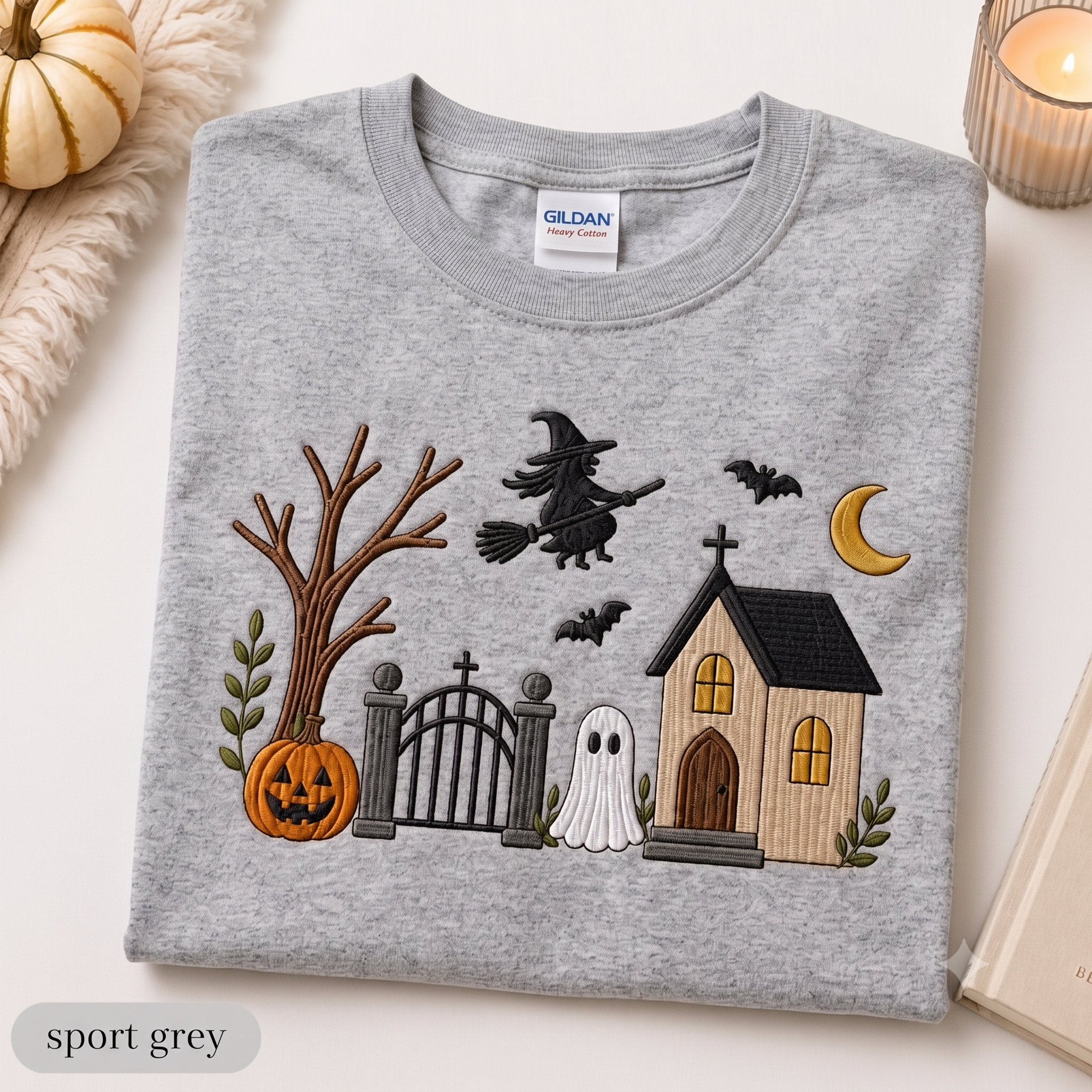 Embroidered Haunted House T-shirt, Vintage Halloween Ghost Crewneck, Spooky Season Fall Shirt, Cozy Witchy Pumpkin Gift For Her