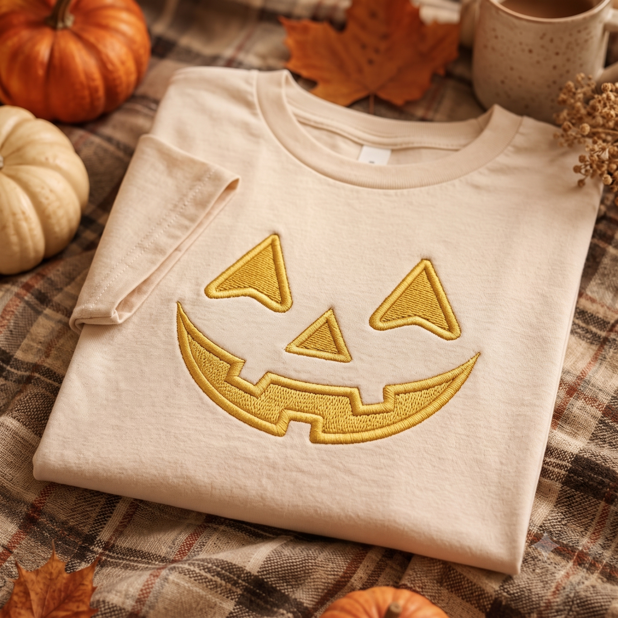 Embroidered Spooky Pumpkin T-Shirt, Halloween Crewneck, Jack O Lantern Face Shirt, Black Fall Outfit, October Gift