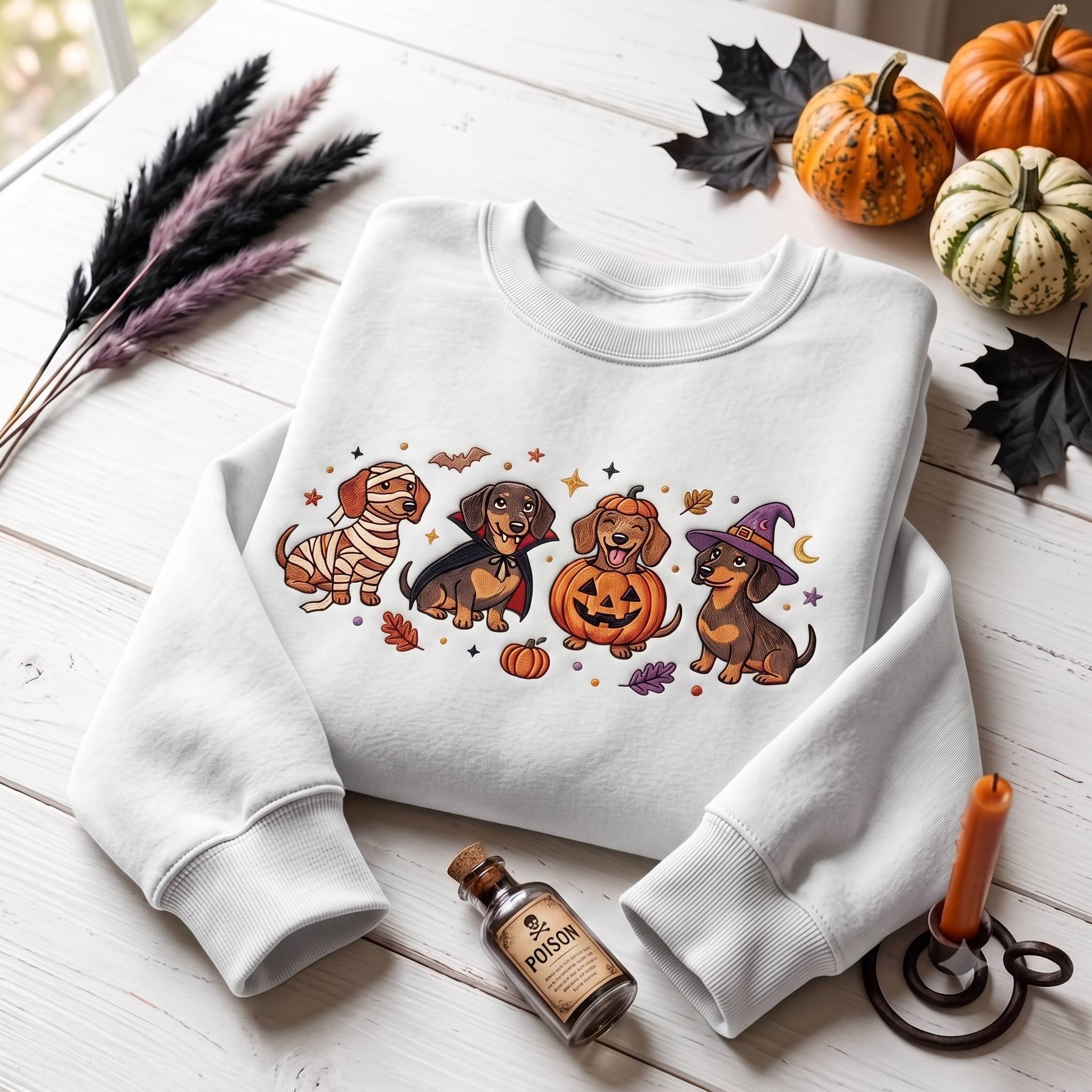 Embroidered Spooky Dachshund Sweatshirt, Halloween Wiener Dog Crewneck, Cute Costume Puppy Pullover, Cozy Autumn Gift for Dog Enthusiasts