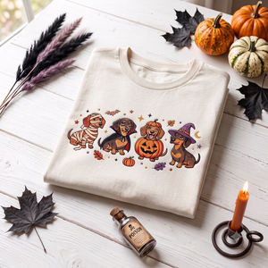 Embroidered Spooky Dachshund T-Shirt, Halloween Wiener Dog Crewneck, Cute Costume Puppy, Cozy Autumn Gift for Dog Enthusiasts