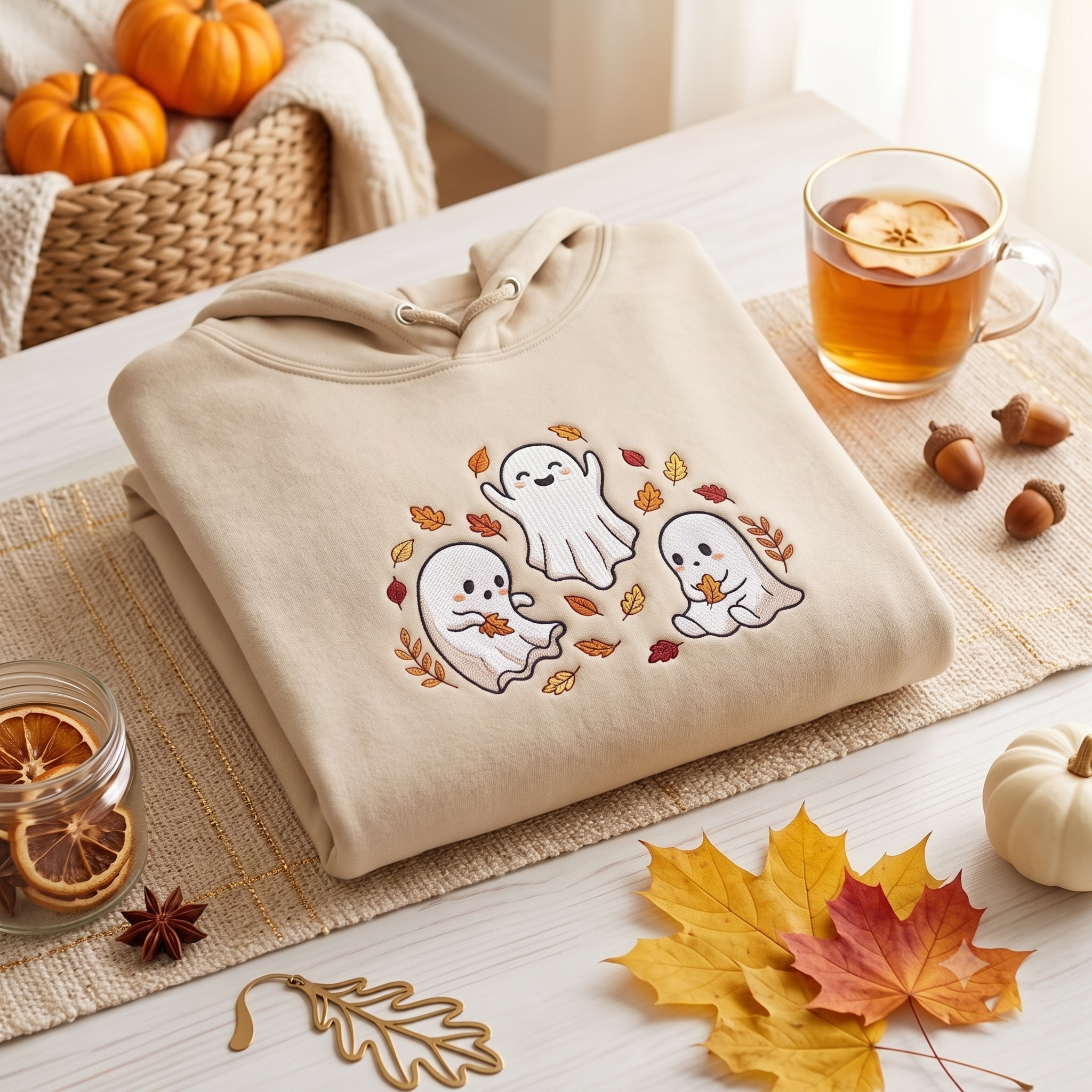 Cozy Fall Ghost Crewneck, Embroidered Halloween Hoodies, Cute Autumn Leaf Shirt, Spooky Gift
