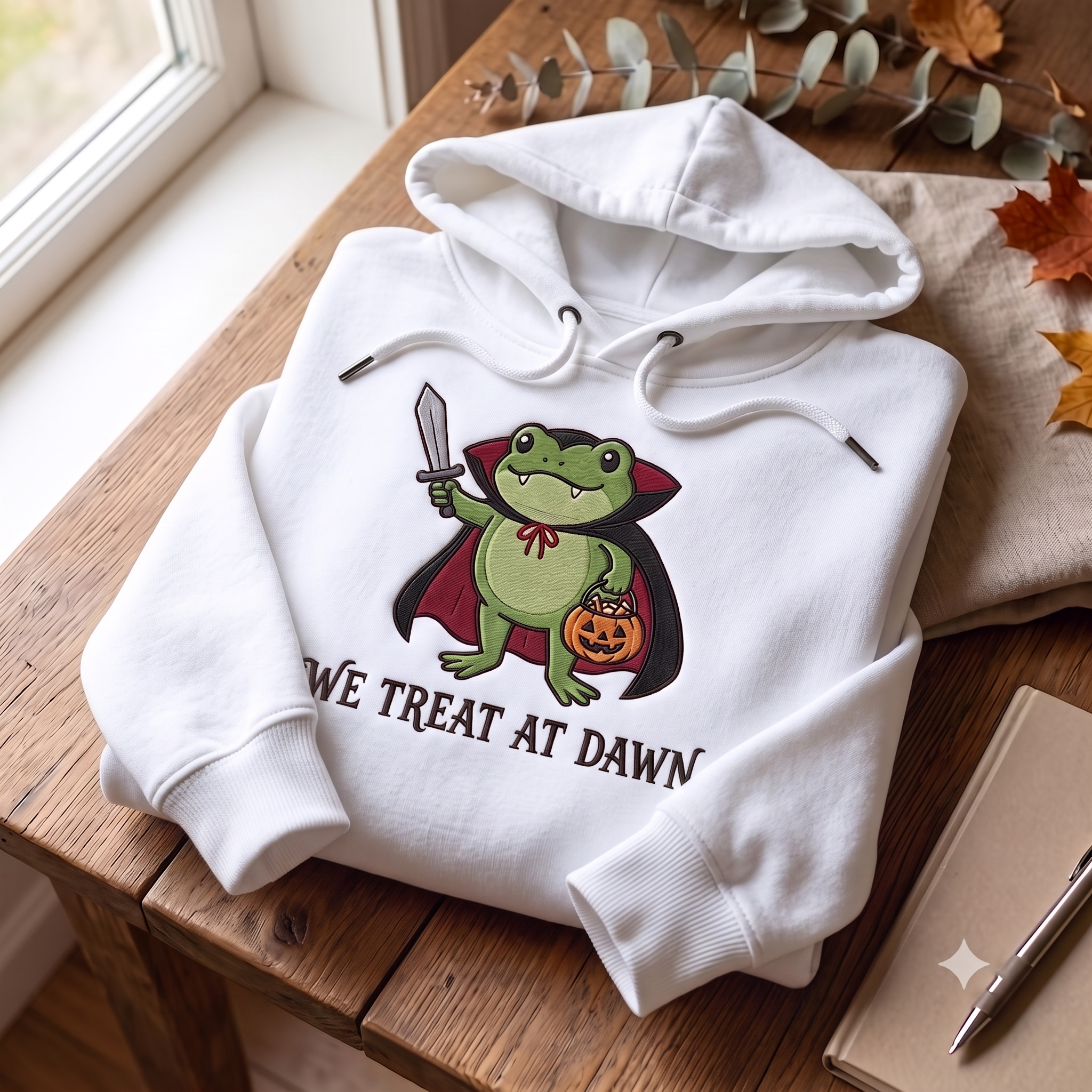 Embroidered Trick or Treat Frog Hoodies, We Treat At Dawn Crewneck, Cute Vampire Halloween Pullover, Funny Spooky Season Gift Idea