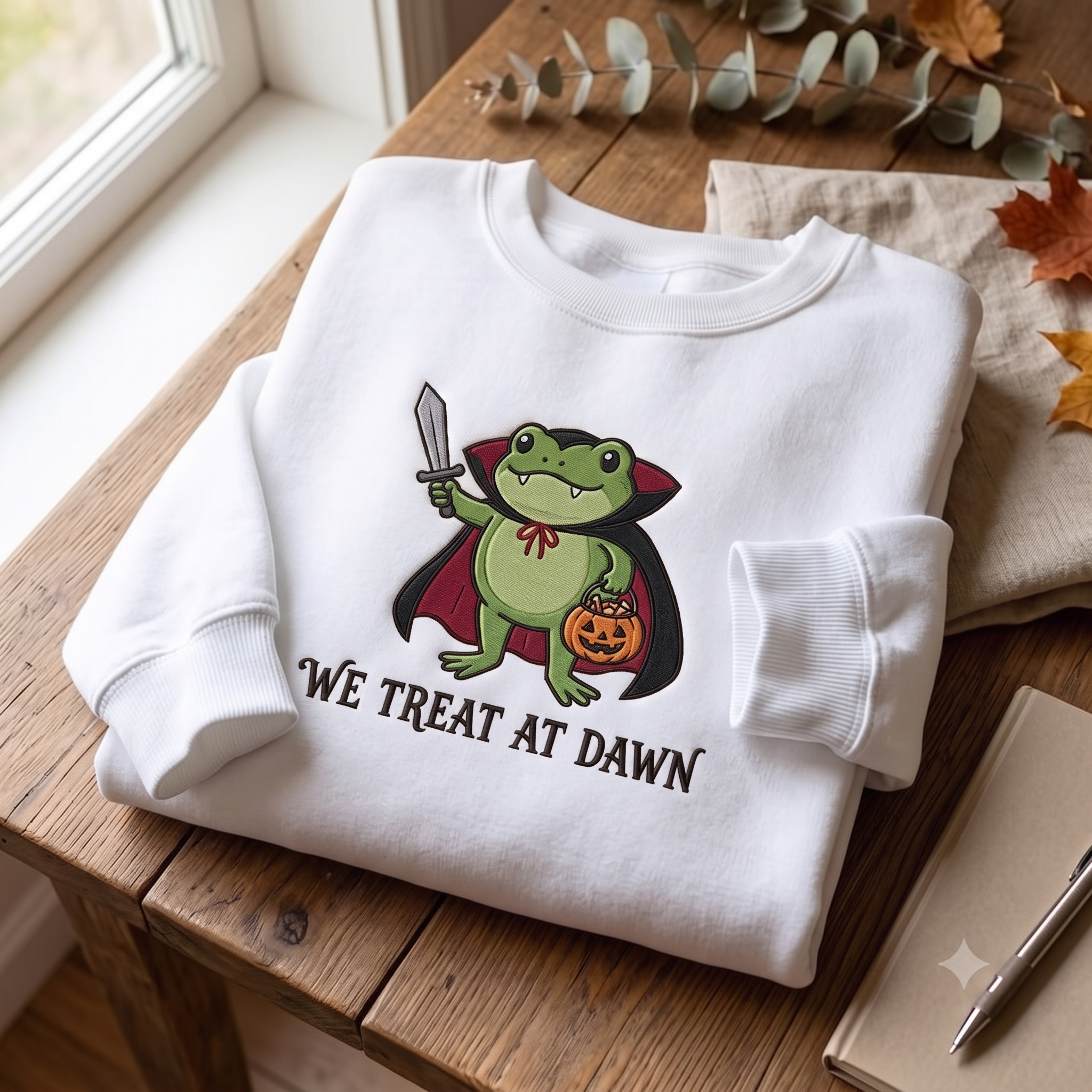 Embroidered Trick or Treat Frog Sweatshirt, We Treat At Dawn Crewneck, Cute Vampire Halloween Pullover, Funny Spooky Season Gift Idea