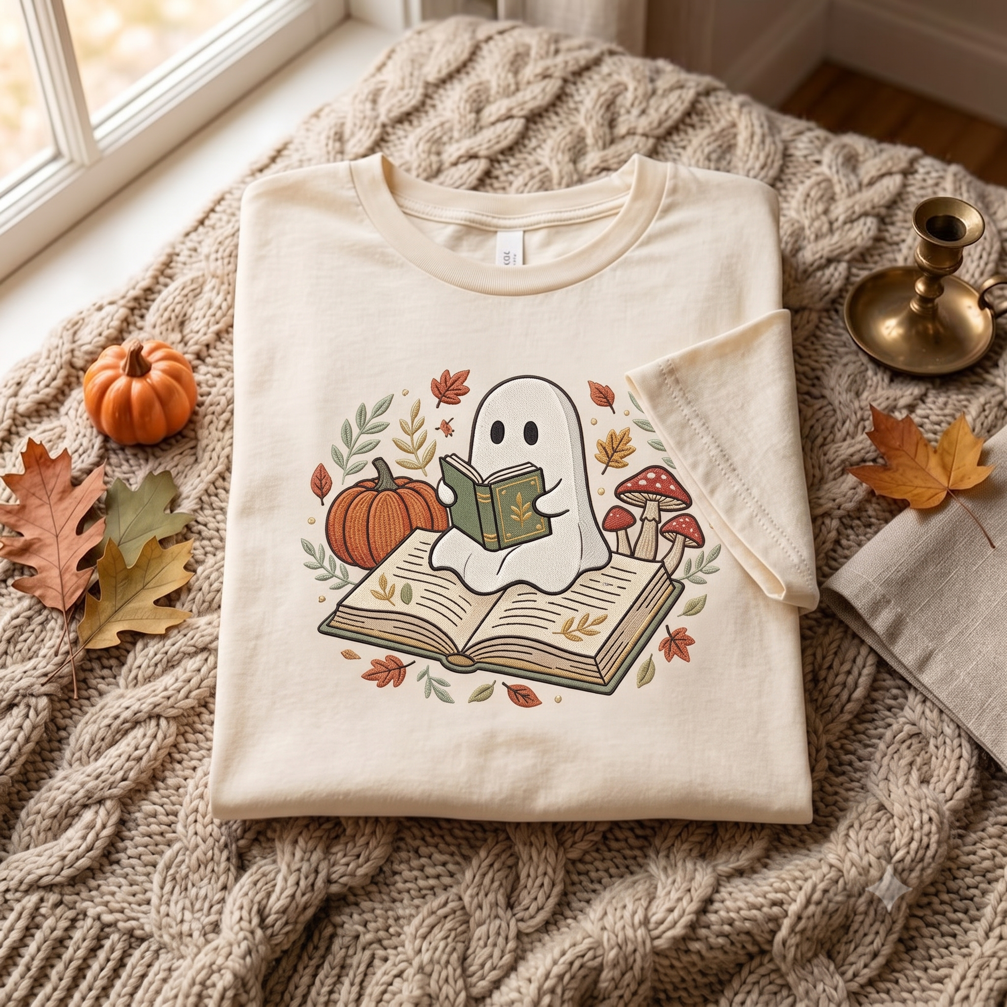 Embroidered Halloween Book Lover T-Shirt, Cute Ghost Reading Crewneck, Cozy Fall, Spooky Autumn Gift for Readers and Teachers