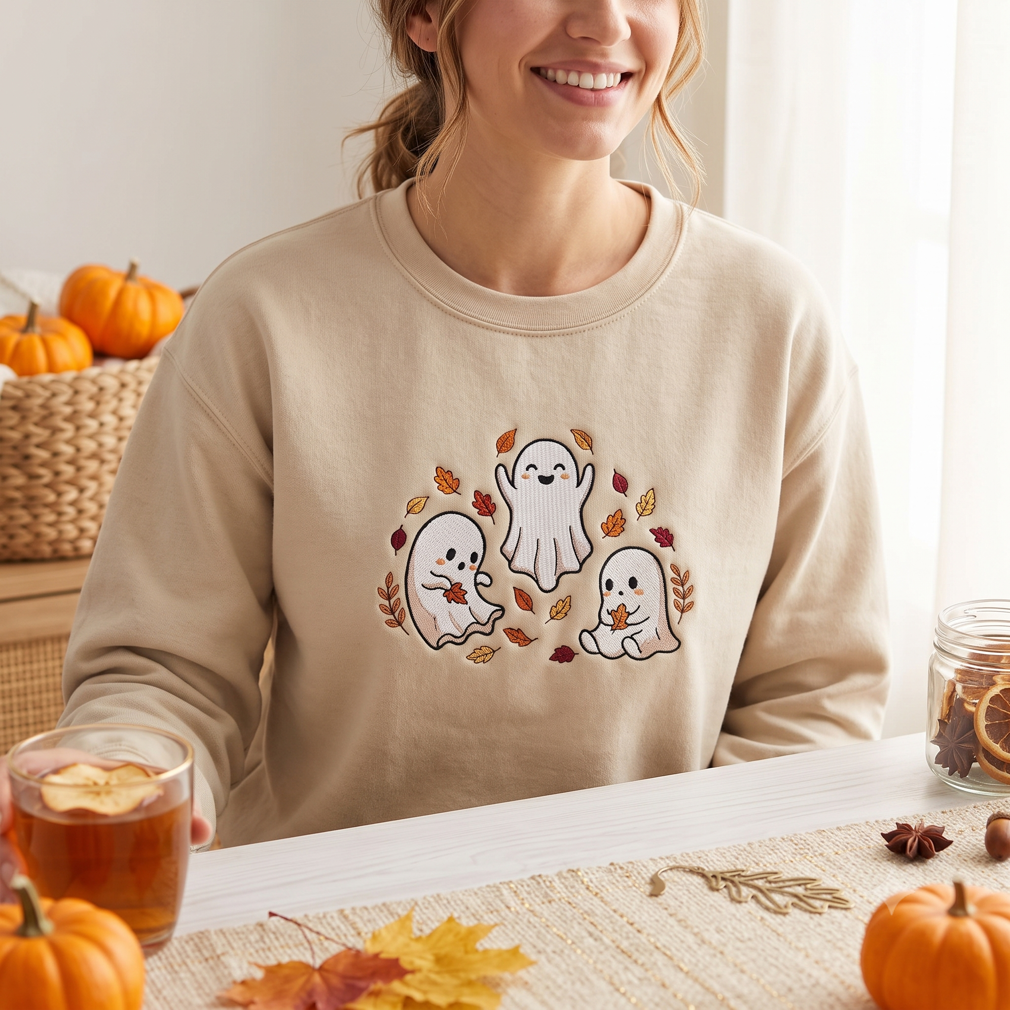 Cozy Fall Ghost Crewneck, Embroidered Halloween Sweatshirt, Cute Autumn Leaf Shirt, Spooky Gift