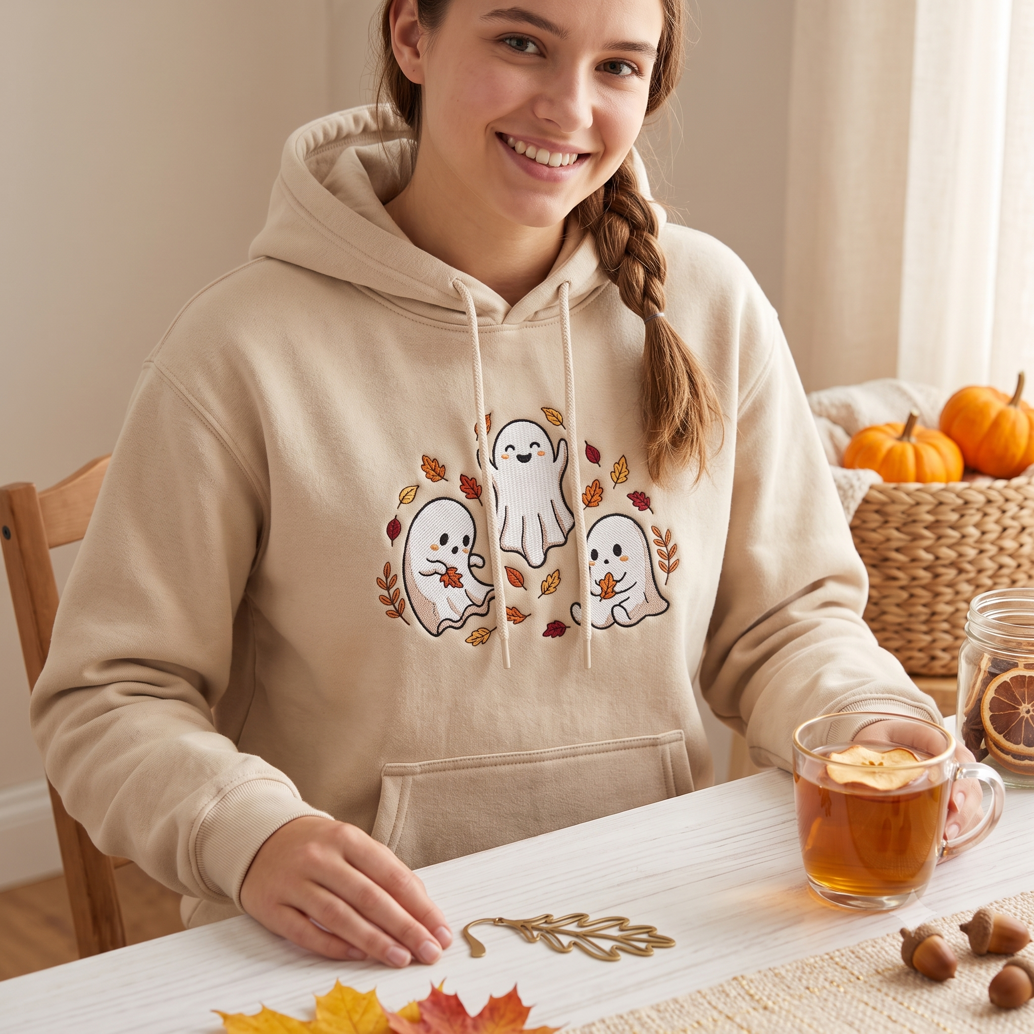 Cozy Fall Ghost Crewneck, Embroidered Halloween Hoodies, Cute Autumn Leaf Shirt, Spooky Gift