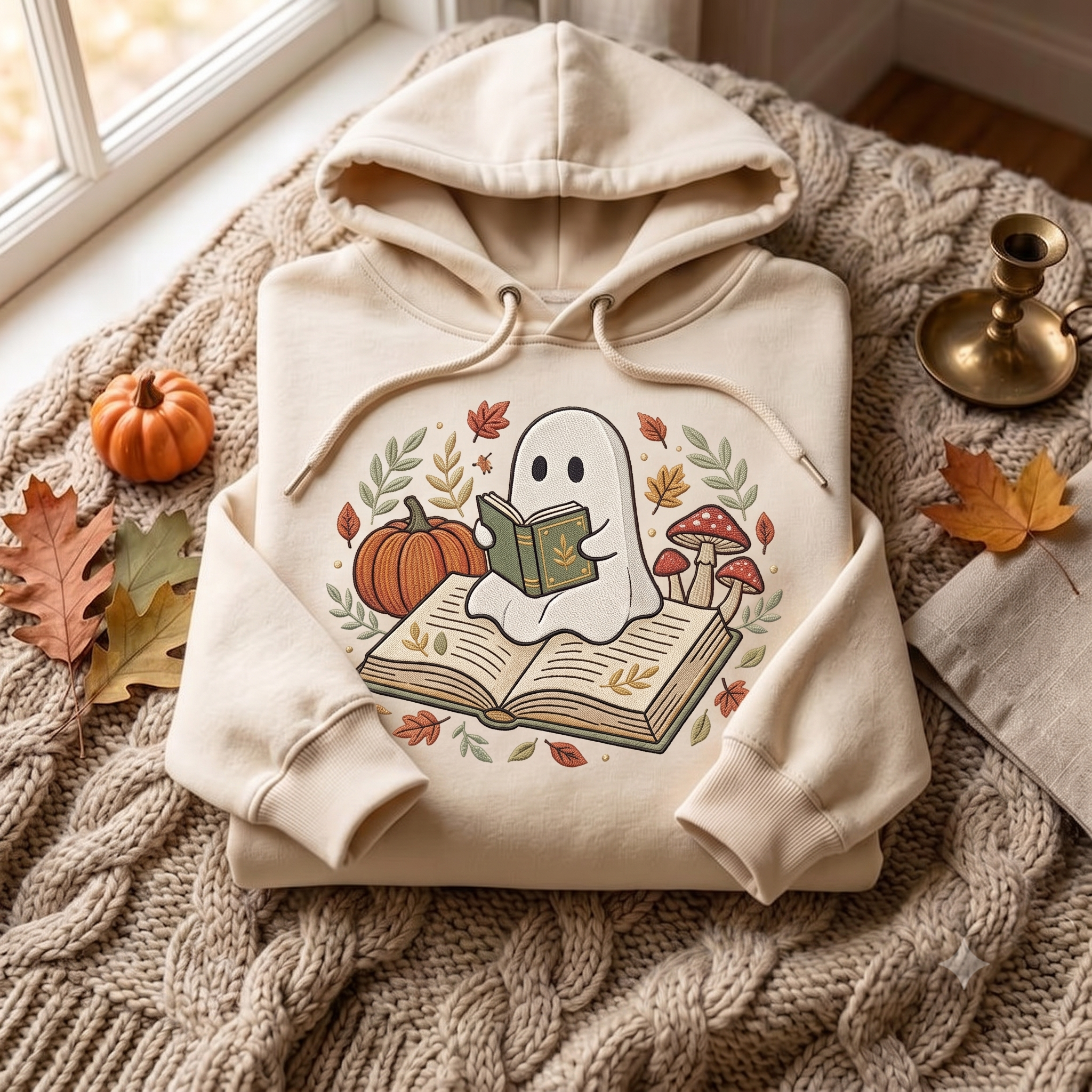 Embroidered Halloween Book Lover Hoodies, Cute Ghost Reading Crewneck, Cozy Fall Pullover, Spooky Autumn Gift for Readers and Teachers