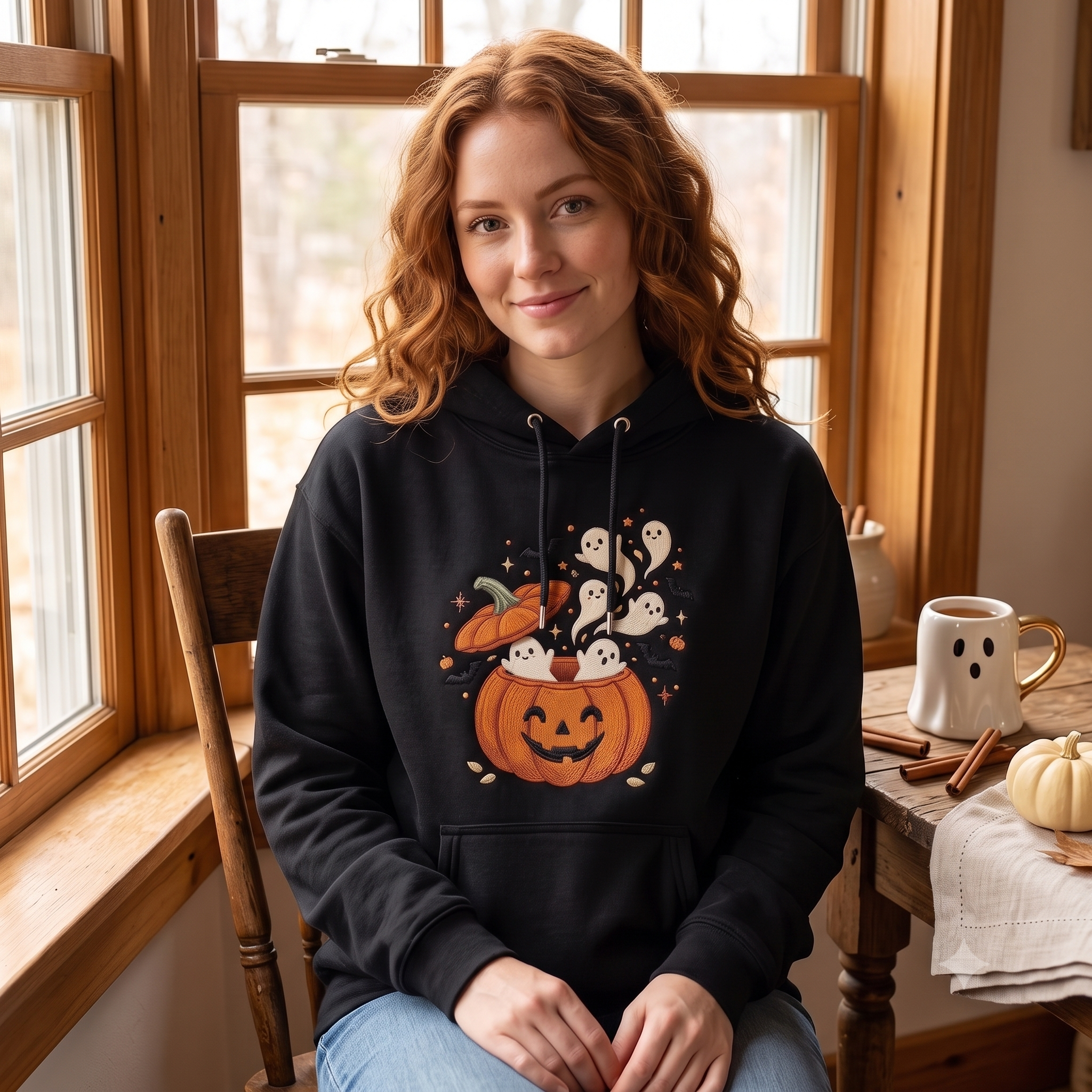 Embroidered Cute Ghost Hoodies, Halloween Pumpkin Crewneck, Spooky Jack O Lantern Pullover, Cozy Autumn Gift for Fall Festival Lovers