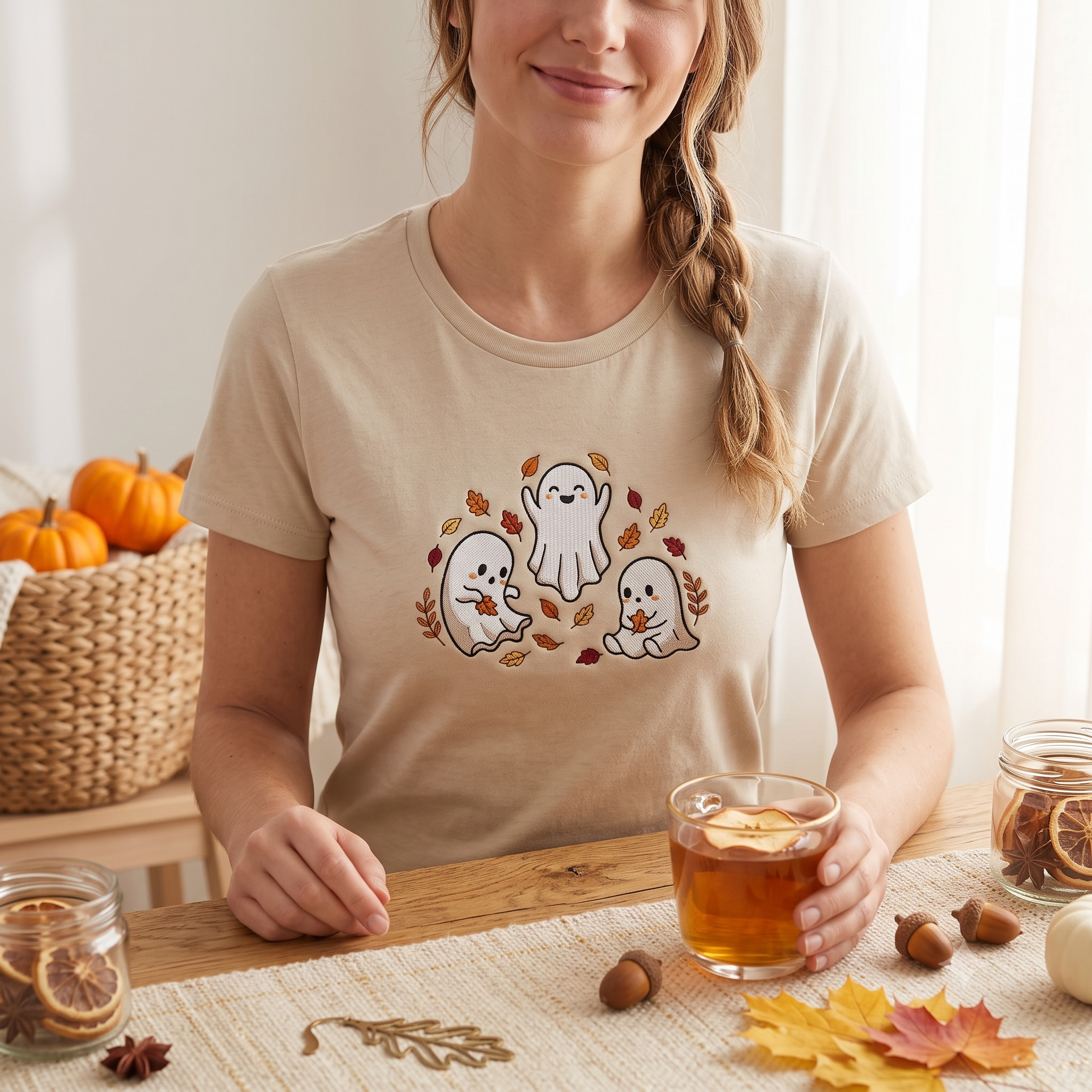 Cozy Fall Ghost Crewneck, Embroidered Halloween T-Shirt, Cute Autumn Leaf Shirt, Spooky Gift