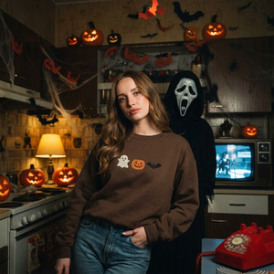 Cute Halloween Embroidery SweatShirt, Minimalist Halloween Embroidery Shirt, Spooky Season Embroidery Tee