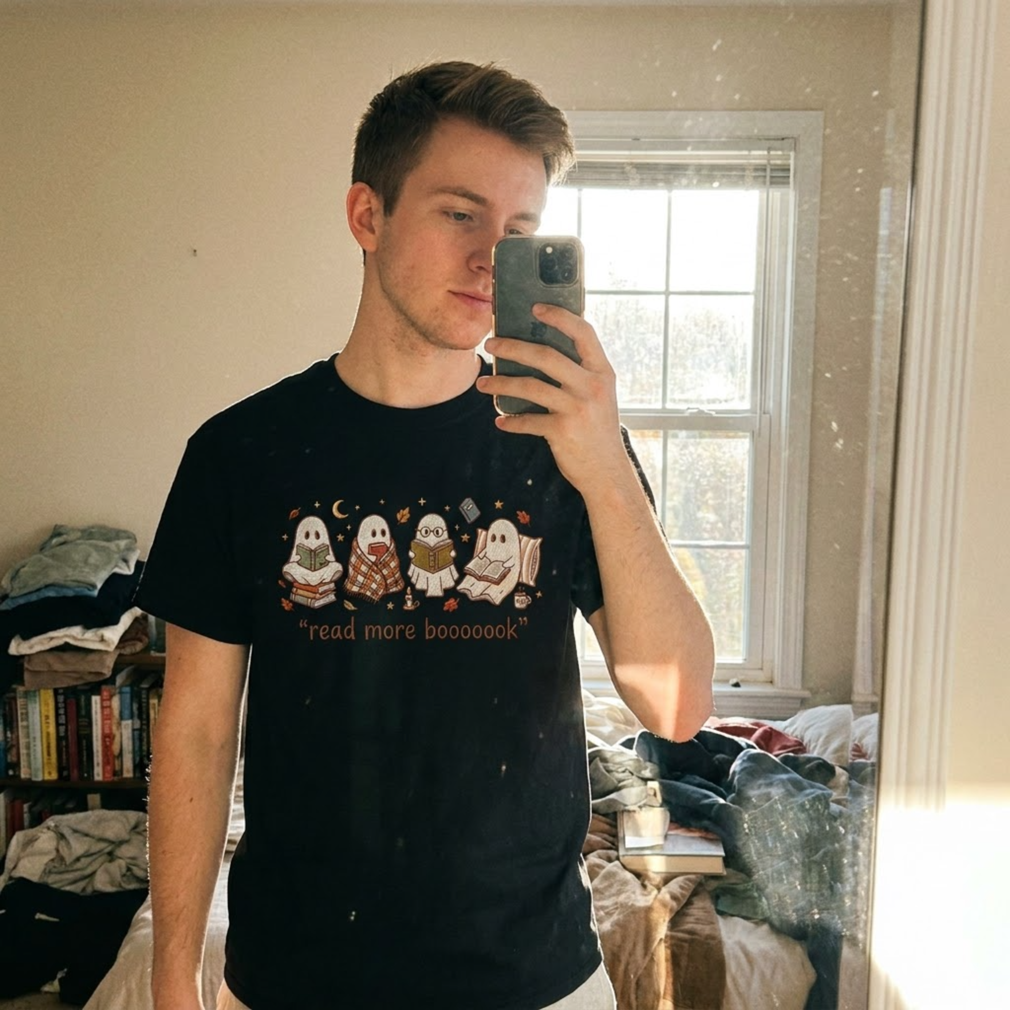 Embroidered Spooky Reader T-Shirt, Read More Boooook Ghost Crewneck, Cozy Fall Pullover, Halloween Gift for Bookworms and Reading Fans