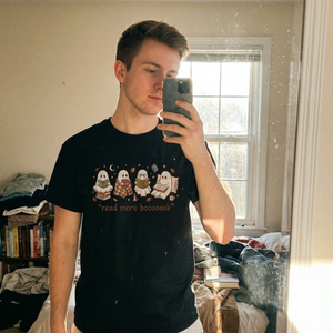 Embroidered Spooky Reader T-Shirt, Read More Boooook Ghost Crewneck, Cozy Fall Pullover, Halloween Gift for Bookworms and Reading Fans
