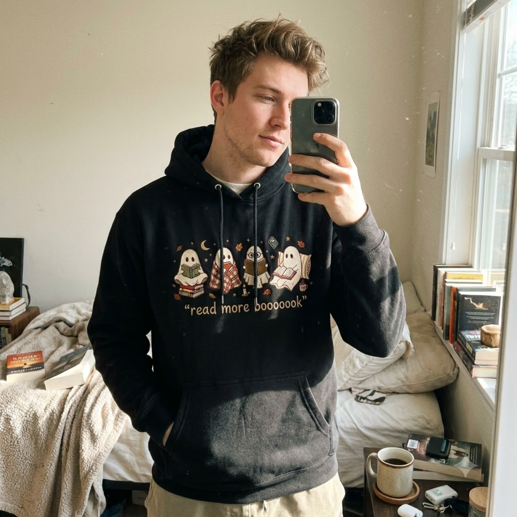 Embroidered Spooky Reader Hoodies, Read More Boooook Ghost Crewneck, Cozy Fall Pullover, Halloween Gift for Bookworms and Reading Fans