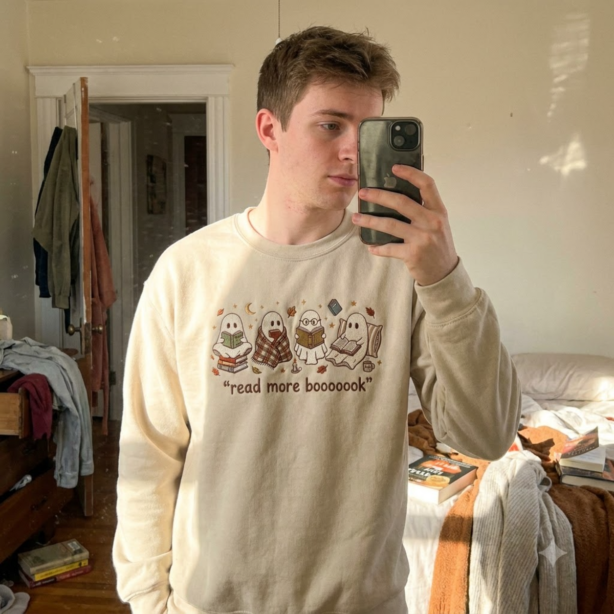 Embroidered Spooky Reader Sweatshirt, Read More Boooook Ghost Crewneck, Cozy Fall Pullover, Halloween Gift for Bookworms and Reading Fans