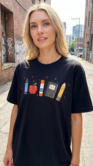 Cute Happy School Supplies Teacher T-Shirt | Back to School Graphic Tee