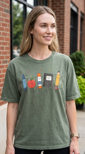 Cute Happy School Supplies Teacher T-Shirt | Back to School Graphic Tee