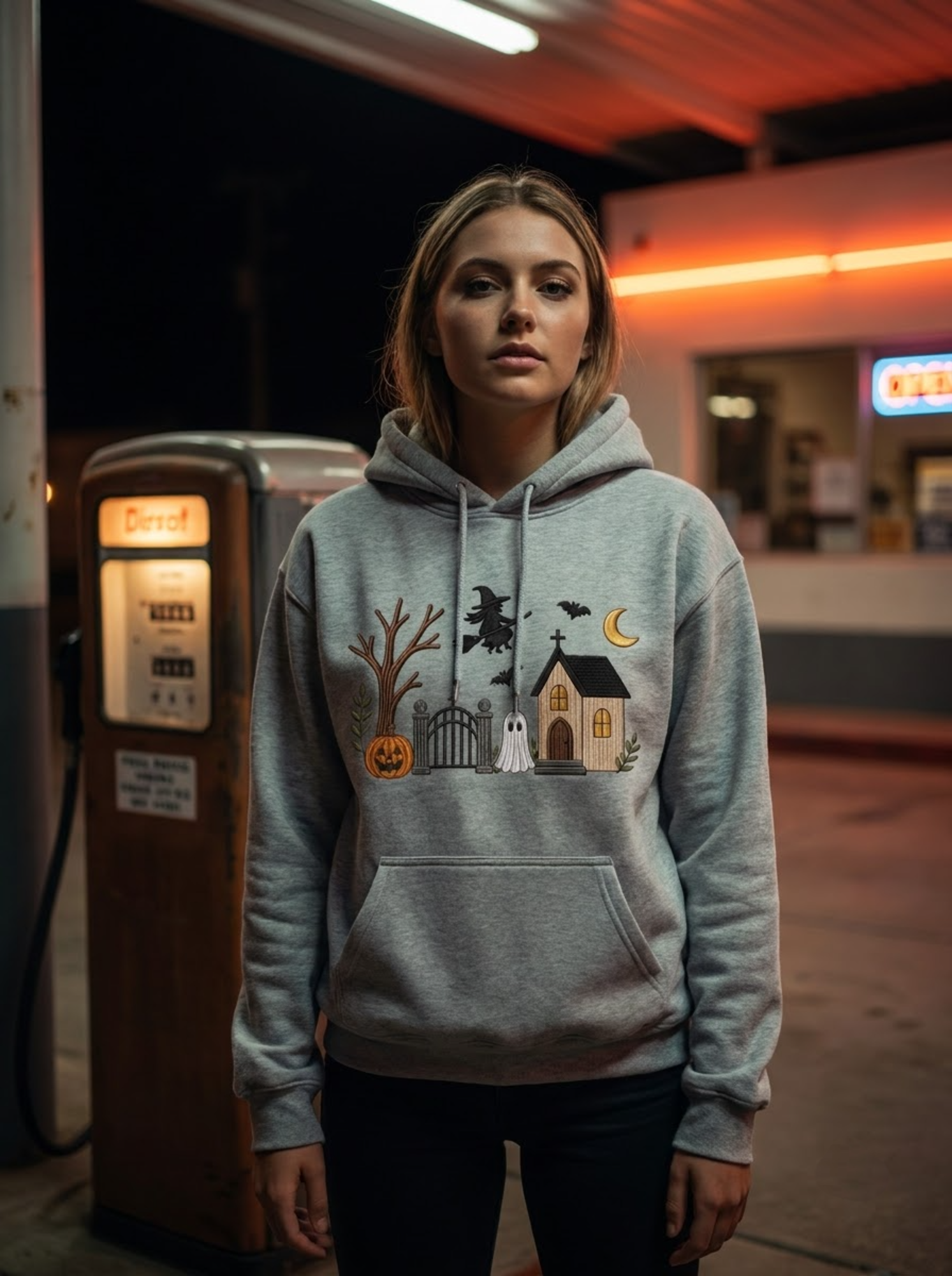 Embroidered Haunted House Hoodies, Vintage Halloween Ghost Crewneck, Spooky Season Fall Shirt, Cozy Witchy Pumpkin Gift For Her