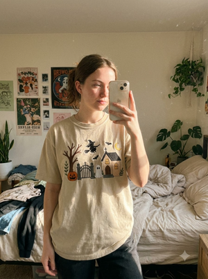Embroidered Haunted House T-shirt, Vintage Halloween Ghost Crewneck, Spooky Season Fall Shirt, Cozy Witchy Pumpkin Gift For Her