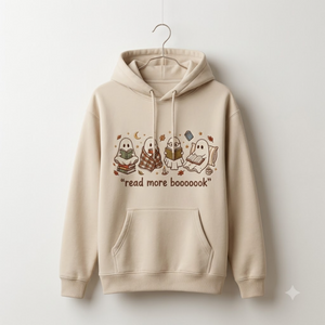 Embroidered Spooky Reader Hoodies, Read More Boooook Ghost Crewneck, Cozy Fall Pullover, Halloween Gift for Bookworms and Reading Fans