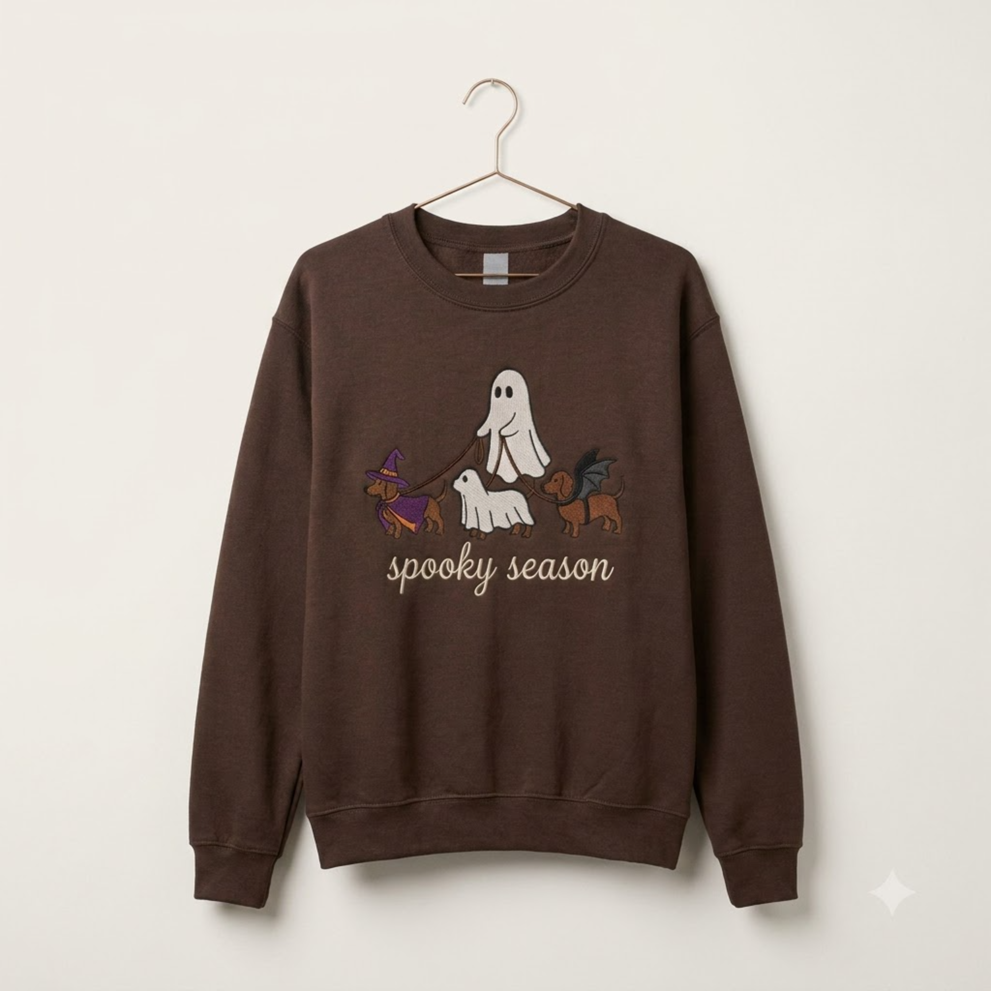 Spooky Dog Embroidered Sweatshirt, Halloween Ghost Puppy Crewneck with Witch Hat and Bat Wings, Cozy Fall Clothing for Animal Lovers