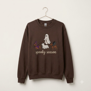Spooky Dog Embroidered Sweatshirt, Halloween Ghost Puppy Crewneck with Witch Hat and Bat Wings, Cozy Fall Clothing for Animal Lovers