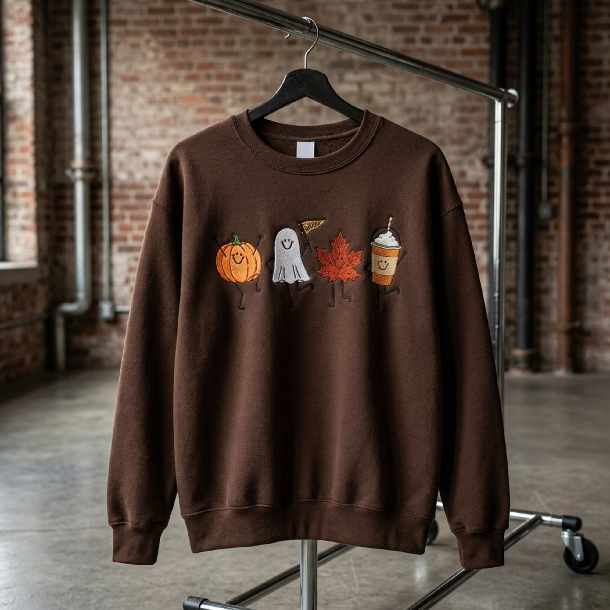 Spooky Fall Embroidered Crewneck Sweatshirt Halloween Shirt | Pumpkin Ghost Leaf Print Halloween Theme, Fall Season Wear