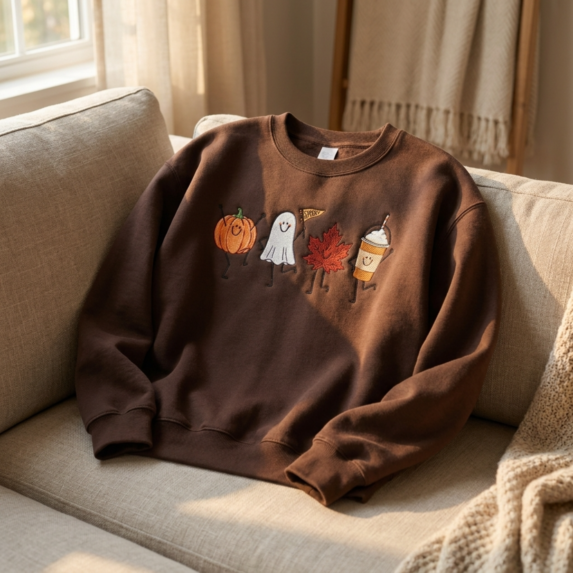Spooky Fall Embroidered Crewneck Sweatshirt Halloween Shirt | Pumpkin Ghost Leaf Print Halloween Theme, Fall Season Wear