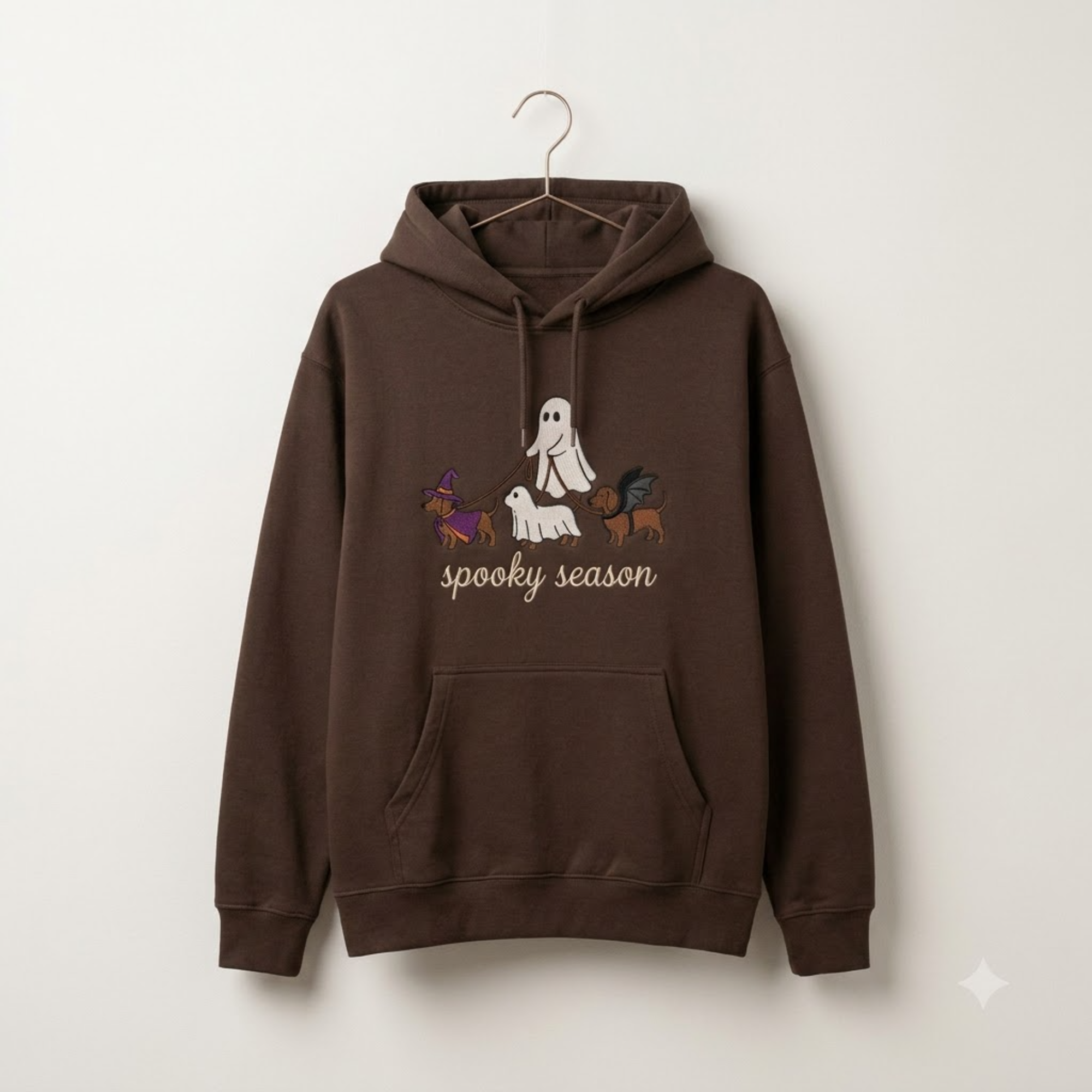 Spooky Dog Embroidered Hoodies, Halloween Ghost Puppy Crewneck with Witch Hat and Bat Wings, Cozy Fall Clothing for Animal Lovers