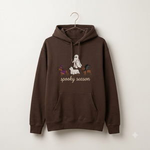 Spooky Dog Embroidered Hoodies, Halloween Ghost Puppy Crewneck with Witch Hat and Bat Wings, Cozy Fall Clothing for Animal Lovers