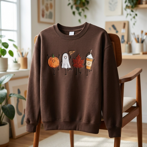 Spooky Fall Embroidered Crewneck Sweatshirt Halloween Shirt | Pumpkin Ghost Leaf Print Halloween Theme, Fall Season Wear