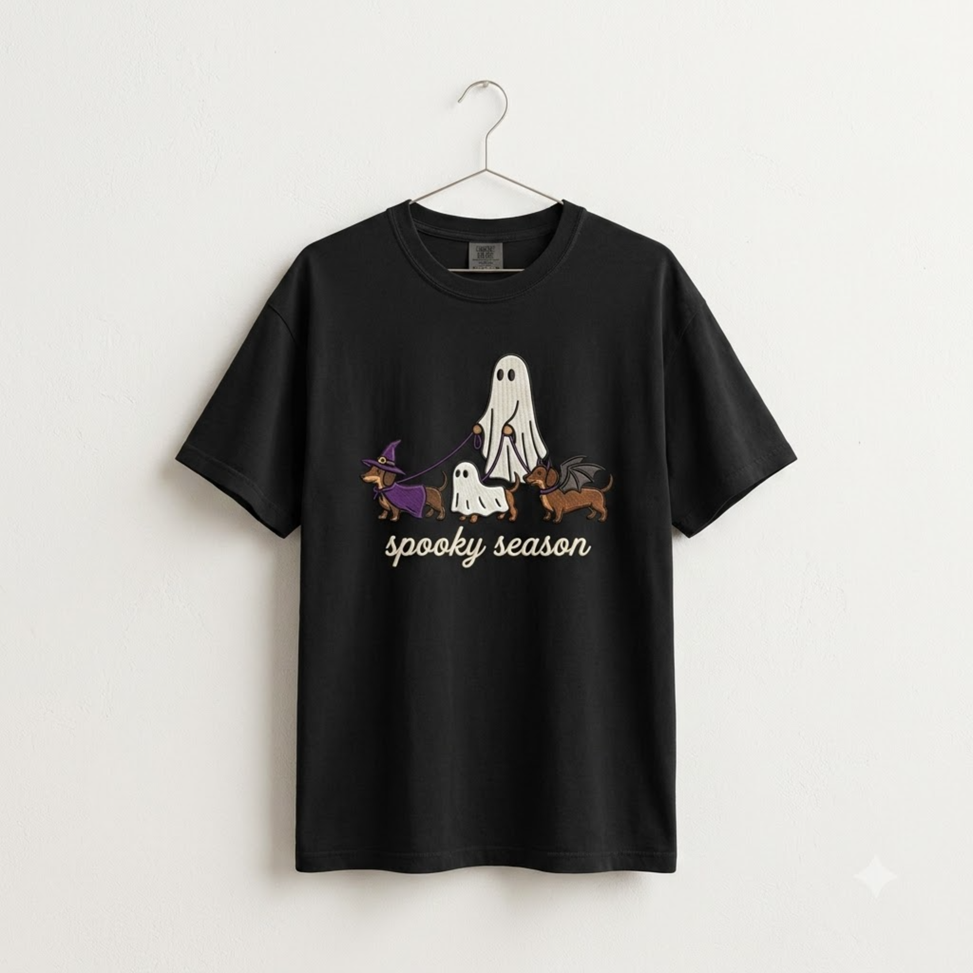 Spooky Dog Embroidered T-shirt, Halloween Ghost Puppy Crewneck with Witch Hat and Bat Wings, Cozy Fall Clothing for Animal Lovers
