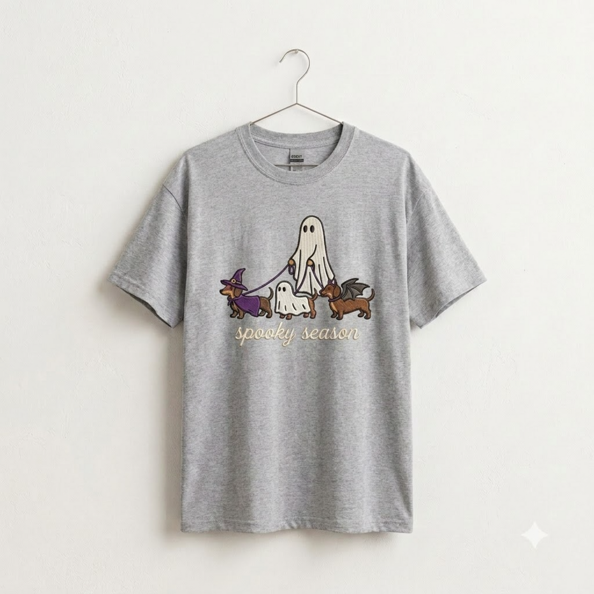 Spooky Dog Embroidered T-shirt, Halloween Ghost Puppy Crewneck with Witch Hat and Bat Wings, Cozy Fall Clothing for Animal Lovers