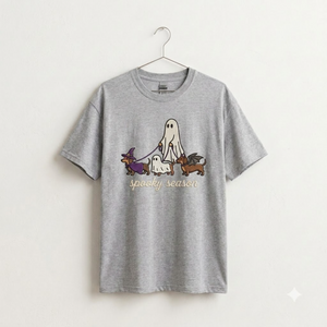 Spooky Dog Embroidered T-shirt, Halloween Ghost Puppy Crewneck with Witch Hat and Bat Wings, Cozy Fall Clothing for Animal Lovers