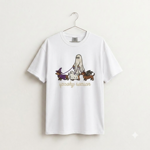 Spooky Dog Embroidered T-shirt, Halloween Ghost Puppy Crewneck with Witch Hat and Bat Wings, Cozy Fall Clothing for Animal Lovers