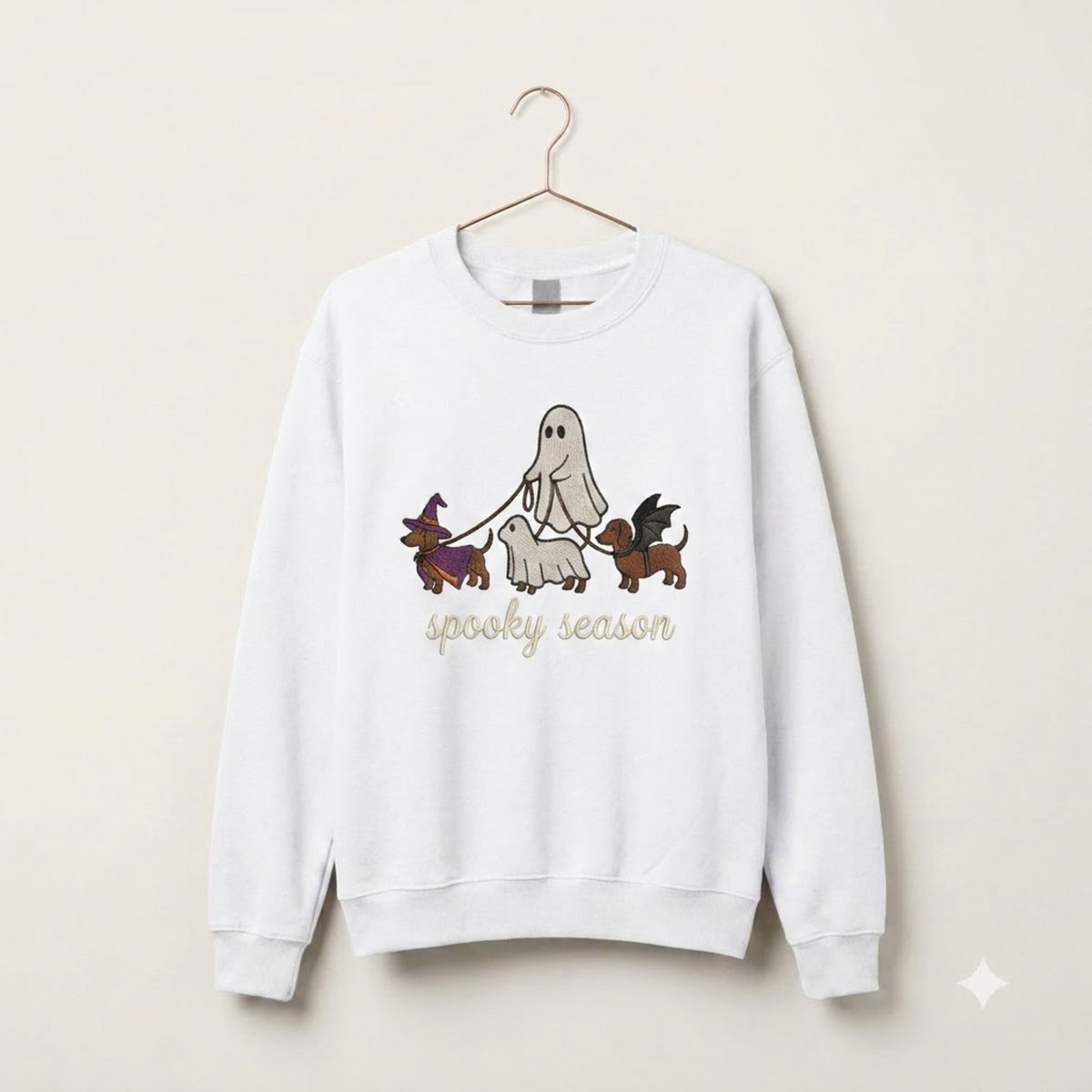Spooky Dog Embroidered Sweatshirt, Halloween Ghost Puppy Crewneck with Witch Hat and Bat Wings, Cozy Fall Clothing for Animal Lovers