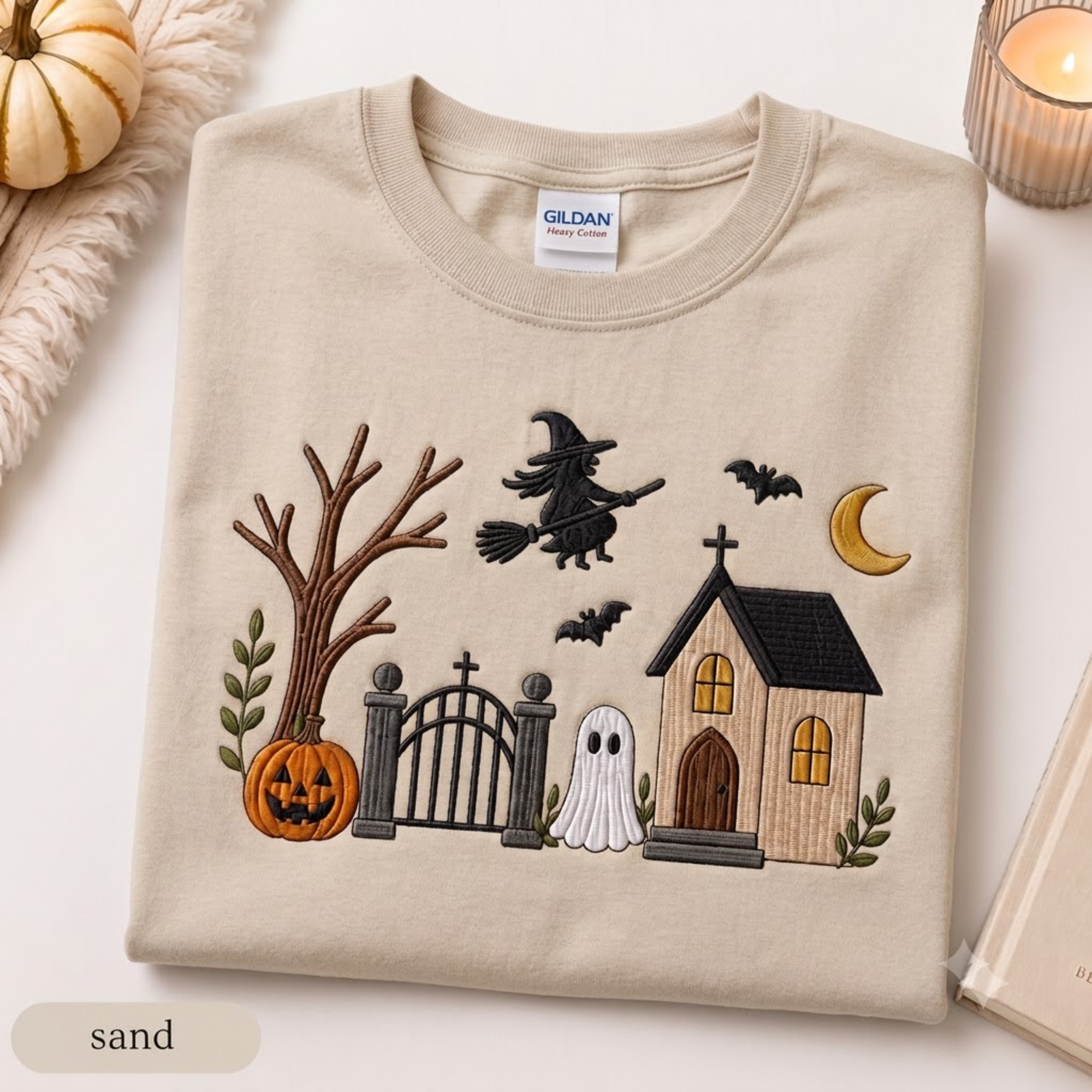 Embroidered Haunted House T-shirt, Vintage Halloween Ghost Crewneck, Spooky Season Fall Shirt, Cozy Witchy Pumpkin Gift For Her