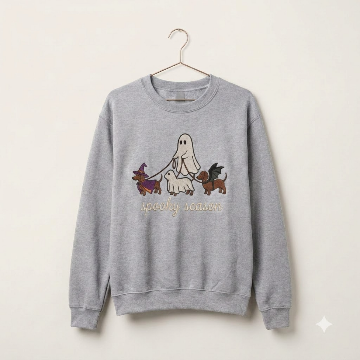Spooky Dog Embroidered Sweatshirt, Halloween Ghost Puppy Crewneck with Witch Hat and Bat Wings, Cozy Fall Clothing for Animal Lovers