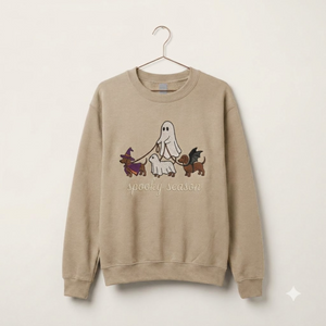 Spooky Dog Embroidered Sweatshirt, Halloween Ghost Puppy Crewneck with Witch Hat and Bat Wings, Cozy Fall Clothing for Animal Lovers