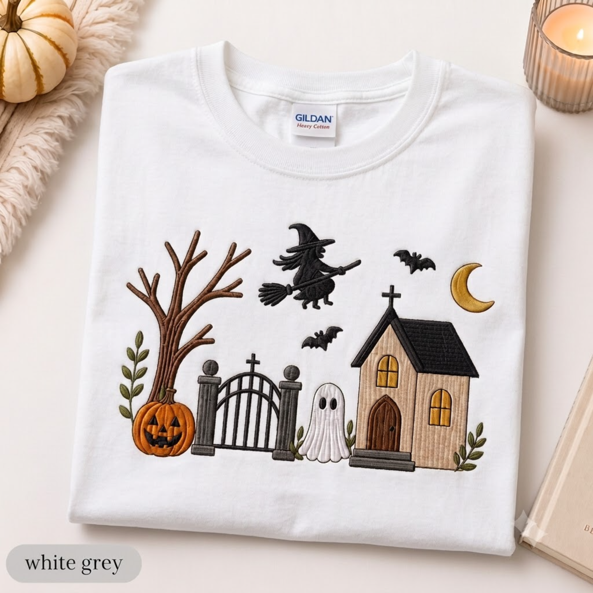 Embroidered Haunted House T-shirt, Vintage Halloween Ghost Crewneck, Spooky Season Fall Shirt, Cozy Witchy Pumpkin Gift For Her