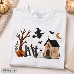 Embroidered Haunted House T-shirt, Vintage Halloween Ghost Crewneck, Spooky Season Fall Shirt, Cozy Witchy Pumpkin Gift For Her