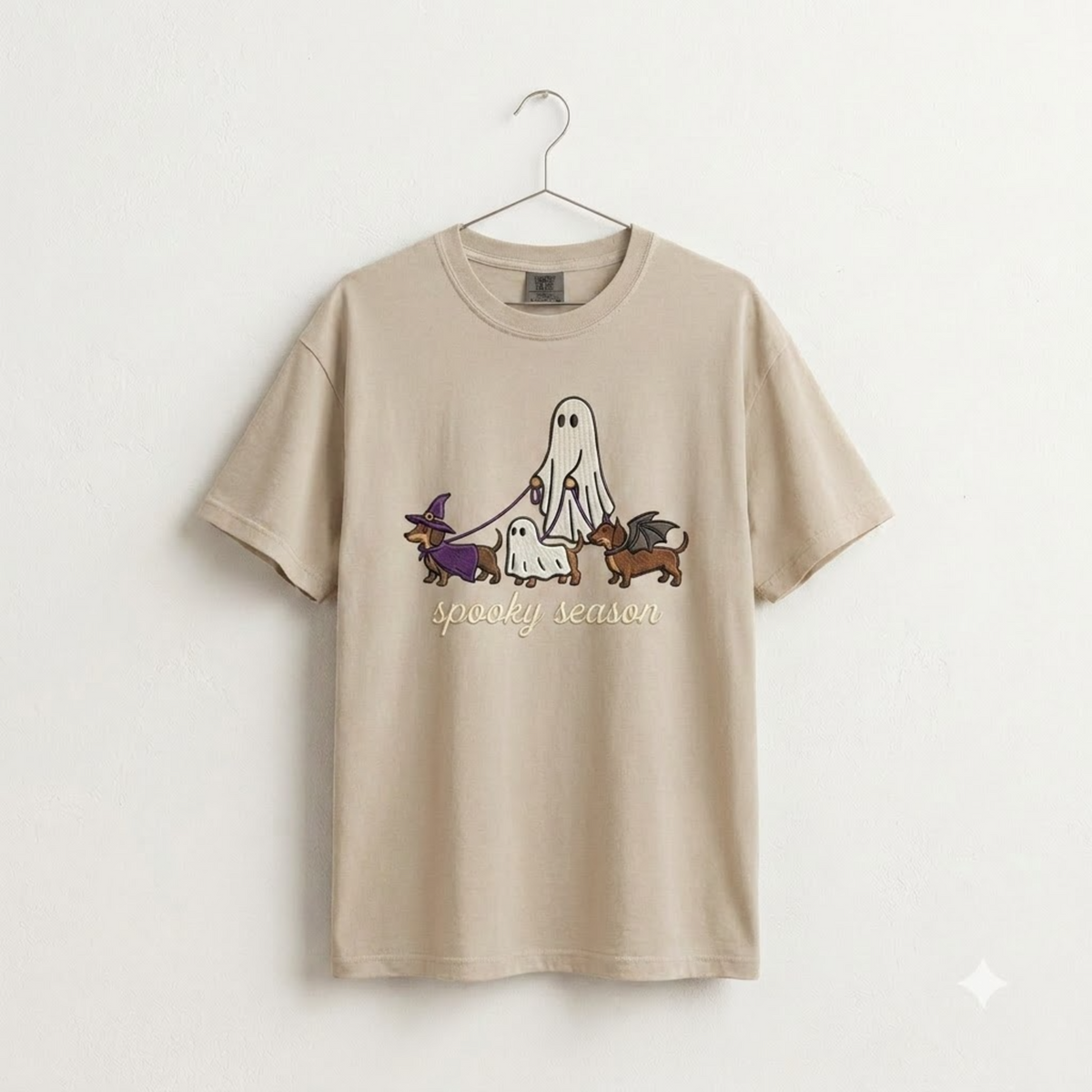 Spooky Dog Embroidered T-shirt, Halloween Ghost Puppy Crewneck with Witch Hat and Bat Wings, Cozy Fall Clothing for Animal Lovers