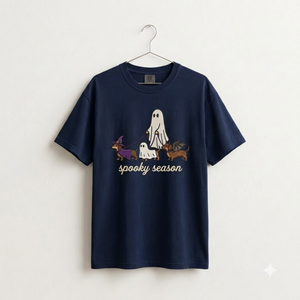 Spooky Dog Embroidered T-shirt, Halloween Ghost Puppy Crewneck with Witch Hat and Bat Wings, Cozy Fall Clothing for Animal Lovers