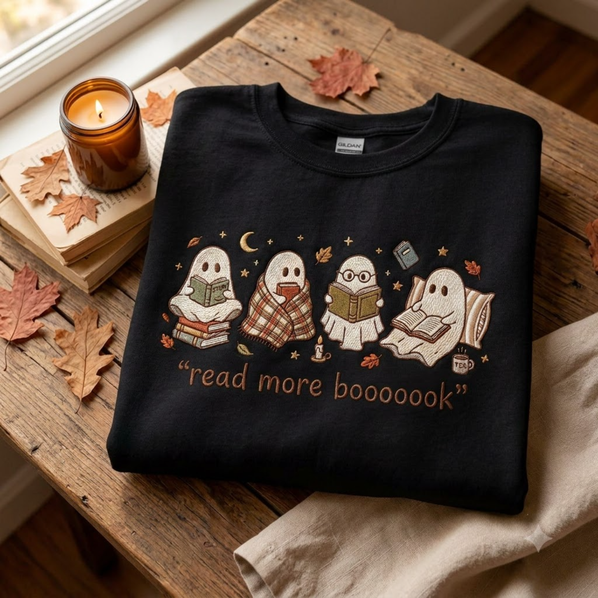 Embroidered Spooky Reader T-Shirt, Read More Boooook Ghost Crewneck, Cozy Fall Pullover, Halloween Gift for Bookworms and Reading Fans
