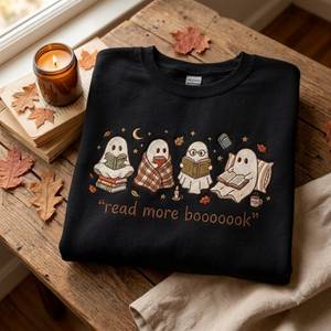 Embroidered Spooky Reader T-Shirt, Read More Boooook Ghost Crewneck, Cozy Fall Pullover, Halloween Gift for Bookworms and Reading Fans