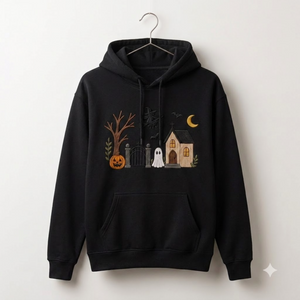 Embroidered Haunted House Hoodies, Vintage Halloween Ghost Crewneck, Spooky Season Fall Shirt, Cozy Witchy Pumpkin Gift For Her