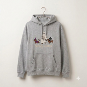 Spooky Dog Embroidered Hoodies, Halloween Ghost Puppy Crewneck with Witch Hat and Bat Wings, Cozy Fall Clothing for Animal Lovers
