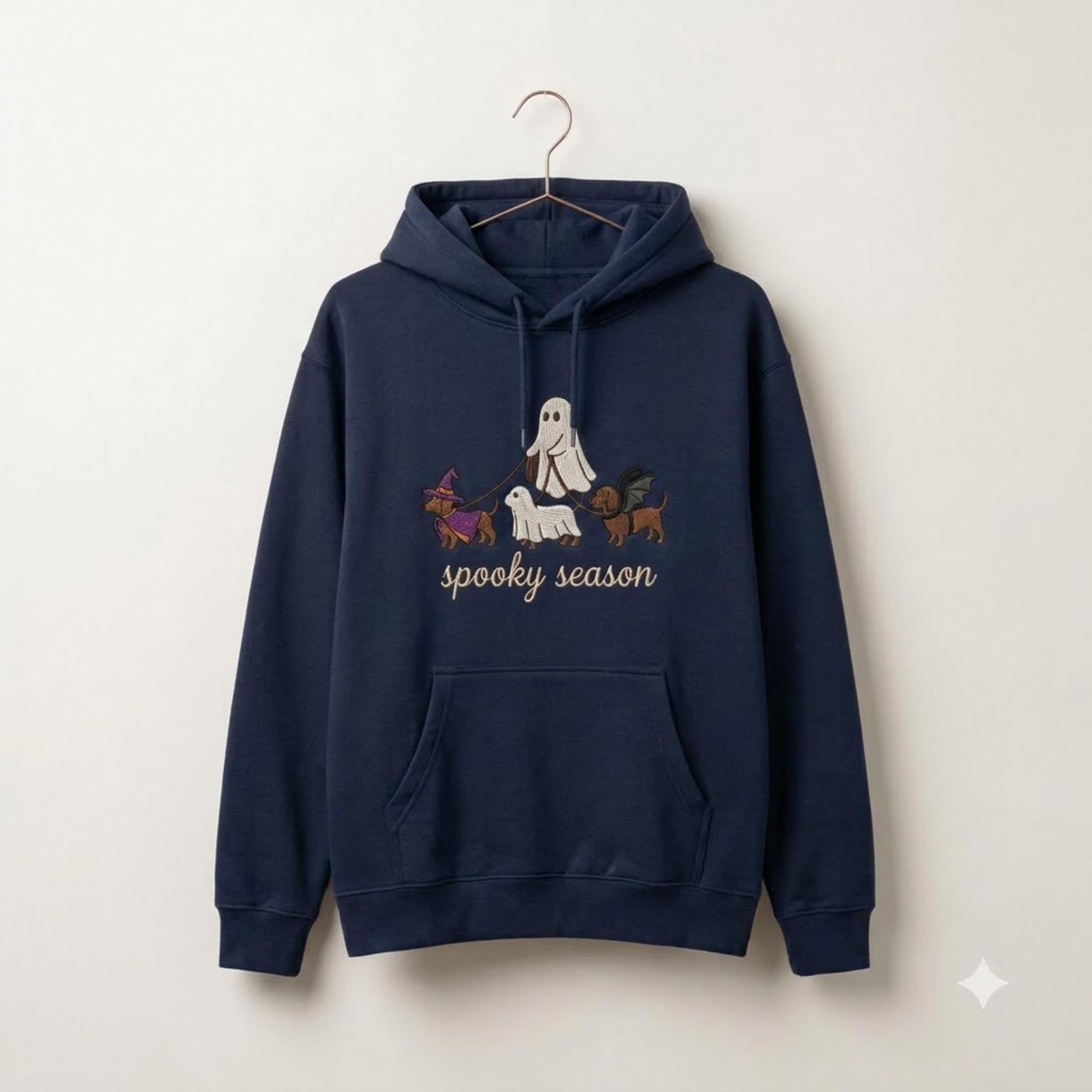 Spooky Dog Embroidered Hoodies, Halloween Ghost Puppy Crewneck with Witch Hat and Bat Wings, Cozy Fall Clothing for Animal Lovers