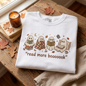 Embroidered Spooky Reader T-Shirt, Read More Boooook Ghost Crewneck, Cozy Fall Pullover, Halloween Gift for Bookworms and Reading Fans