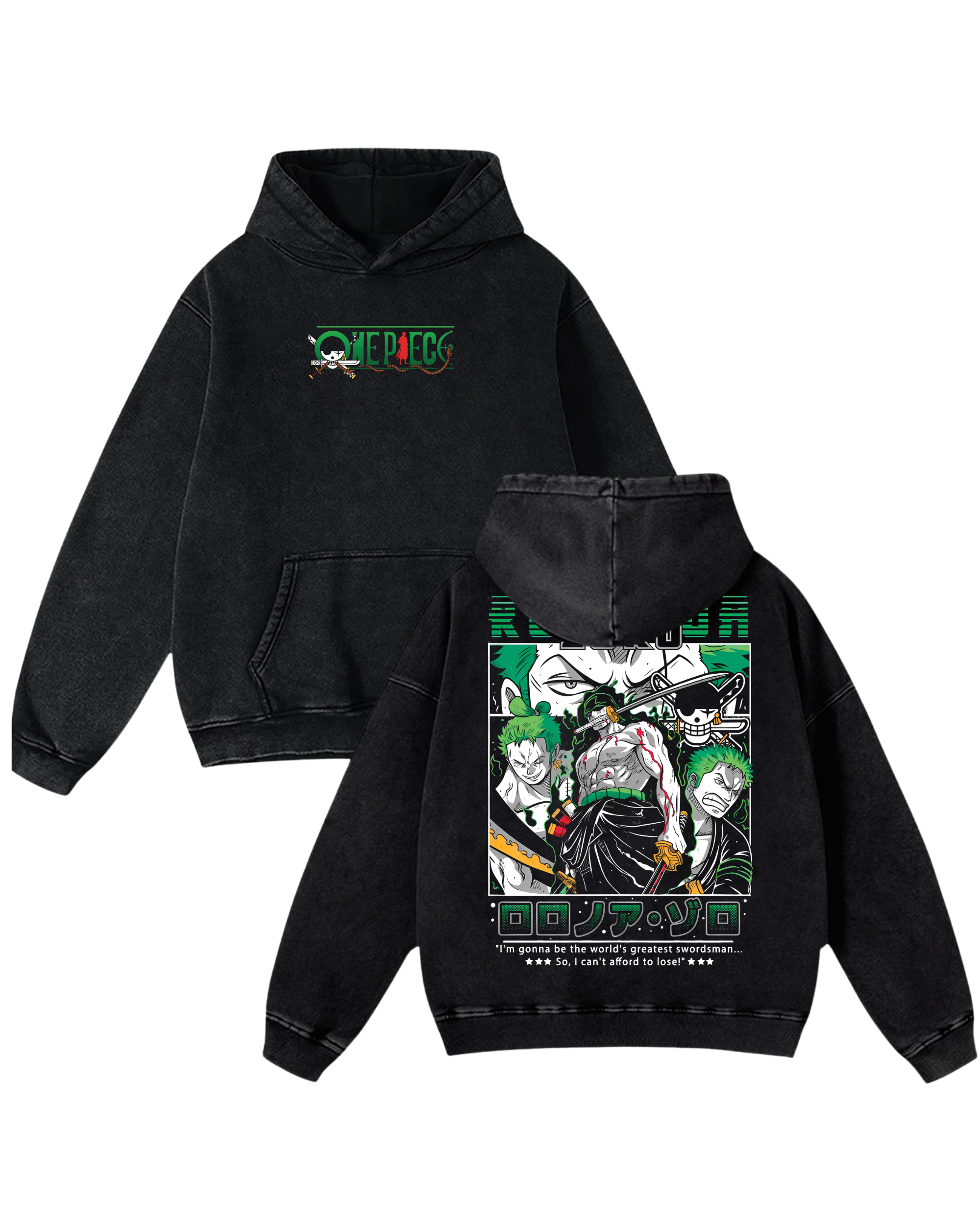 Retro Style Zoro Anime One Piece Washed Hoodie Cotton Graphic